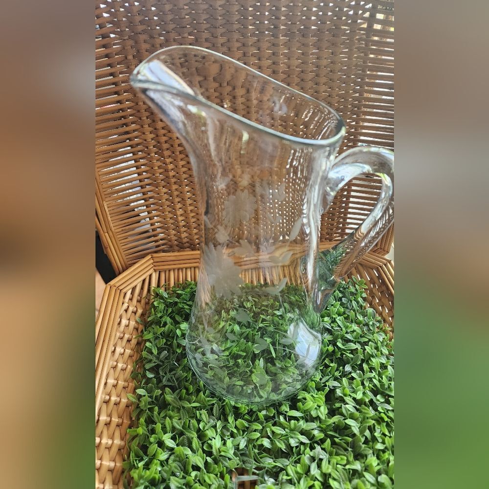 Vintage Etched Floral Pitcher Large